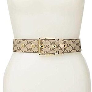 Michael Kors Beige MK Logo Belt with Gold-Tone Buckle